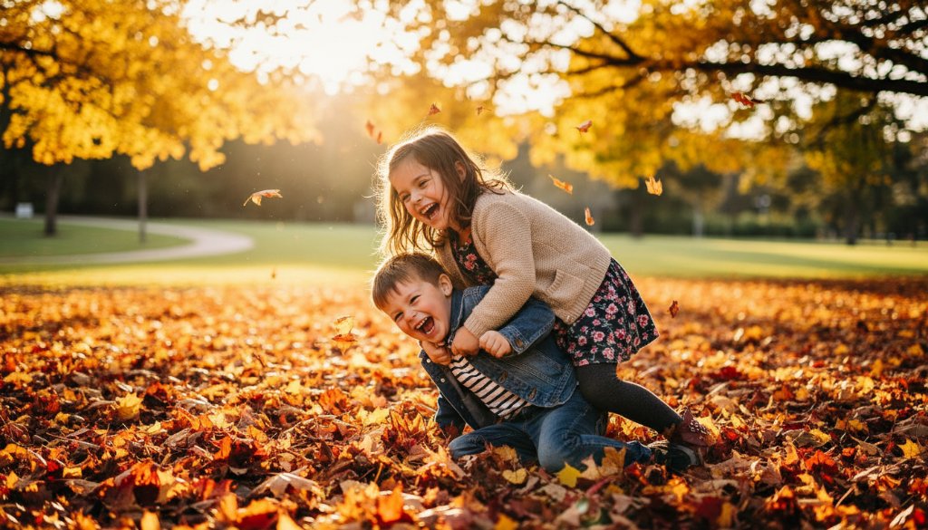 A heartwarming, professional photograph showcasing candid kids photography Bayswater VIC, featuring two siblings laughing joyfully while playing amongst the vibrant autumn leaves at Bayswater Park, illuminated by a warm, golden hour glow.