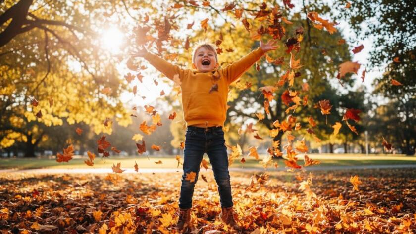 A joyous, candid kids photography Bayswater Victoria moment: a child mid-laugh, playing with colourful autumn leaves in a sun-drenched park, perfectly captured with dramatic lighting.