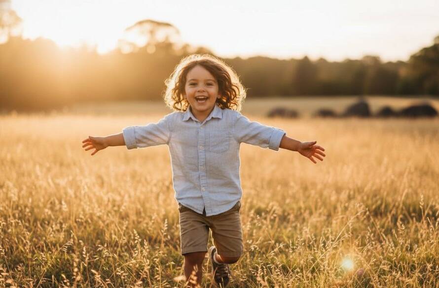 A heartwarming and dynamic 'epic moment' photograph capturing a child's pure joy during Candid Kids Photography Berwick VIC, with dramatic golden hour lighting illuminating their playful expression in a Berwick park.