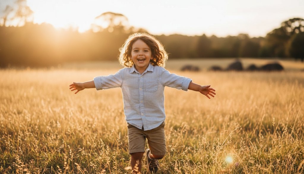 A heartwarming and dynamic 'epic moment' photograph capturing a child's pure joy during Candid Kids Photography Berwick VIC, with dramatic golden hour lighting illuminating their playful expression in a Berwick park.