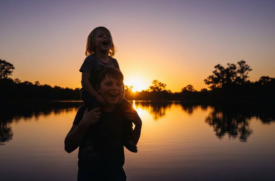 Close-up, candid kids photography at Blackburn Lake Victoria, featuring a child bursting with laughter while running through golden reeds at sunset, captured with professional, cinematic lighting and shallow depth of field.