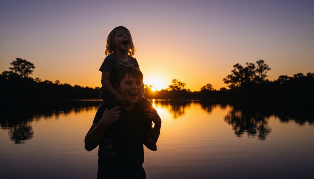 Close-up, candid kids photography at Blackburn Lake Victoria, featuring a child bursting with laughter while running through golden reeds at sunset, captured with professional, cinematic lighting and shallow depth of field.