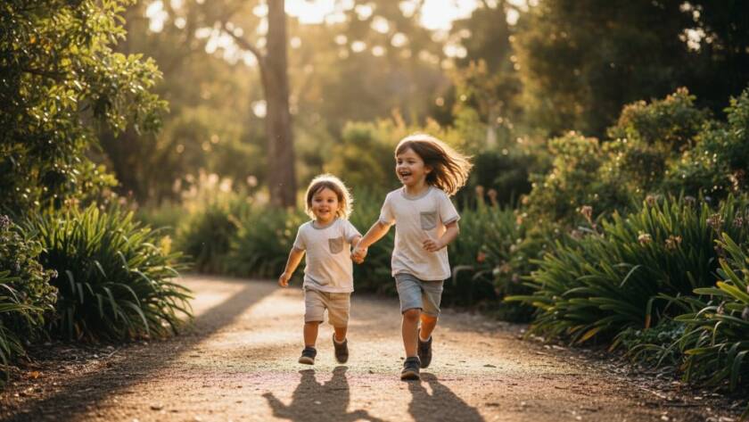 A heartwarming, cinematic image of two children laughing spontaneously amidst the lush greenery of Boronia Botanic Gardens, expertly captured through candid kids photography by Image by SD, showcasing genuine family joy under soft, natural light.
