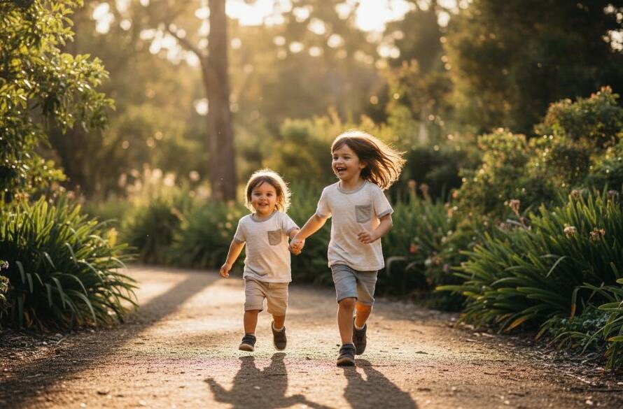 A heartwarming, cinematic image of two children laughing spontaneously amidst the lush greenery of Boronia Botanic Gardens, expertly captured through candid kids photography by Image by SD, showcasing genuine family joy under soft, natural light.