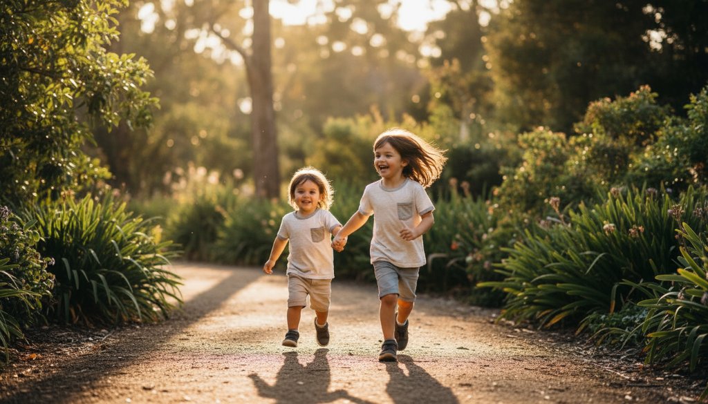 A heartwarming, cinematic image of two children laughing spontaneously amidst the lush greenery of Boronia Botanic Gardens, expertly captured through candid kids photography by Image by SD, showcasing genuine family joy under soft, natural light.