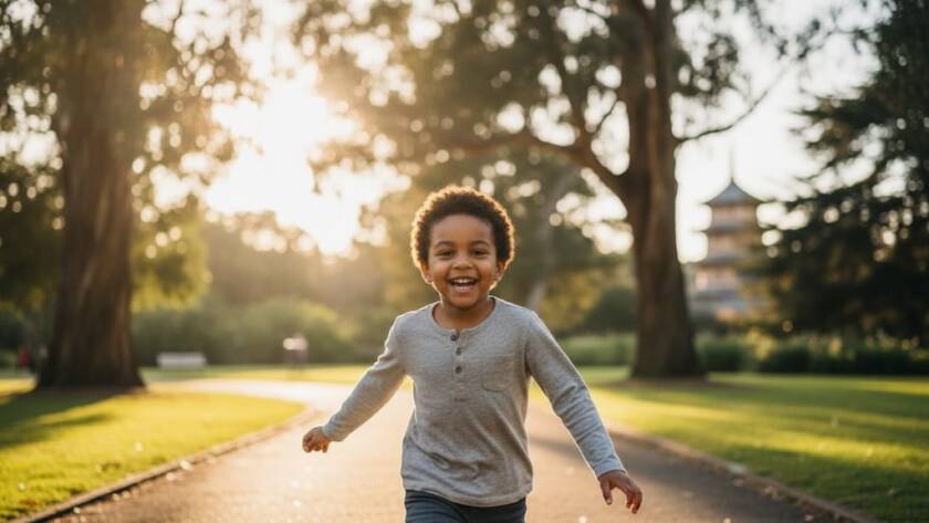 A vibrant, professionally colour-graded photograph capturing an epic moment of genuine joy during a candid kids photography session in Box Hill, showing a child laughing while playing outdoors in natural light.