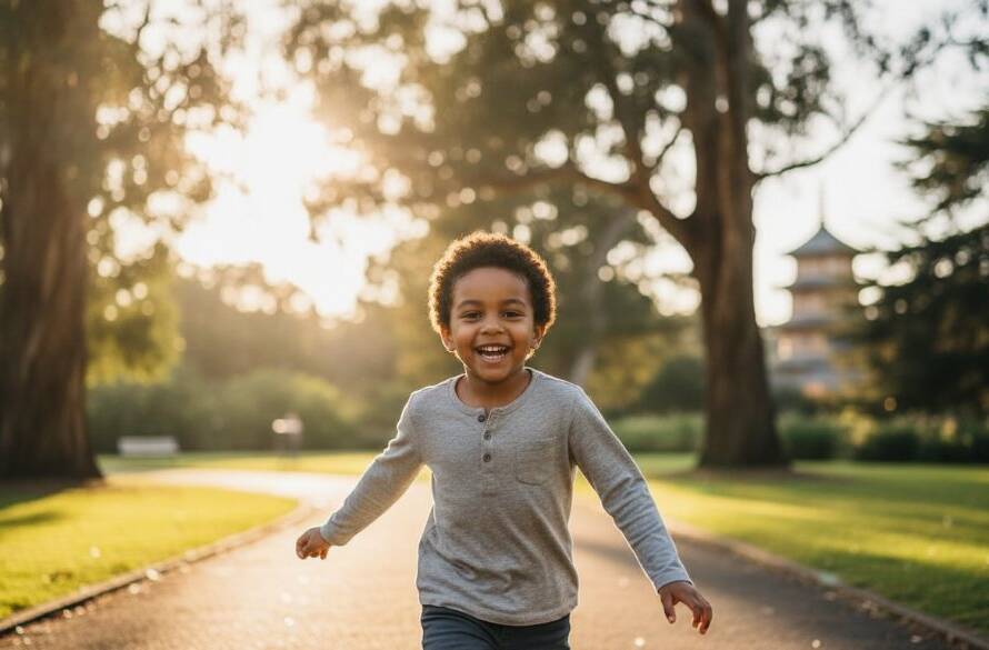 A vibrant, professionally colour-graded photograph capturing an epic moment of genuine joy during a candid kids photography session in Box Hill, showing a child laughing while playing outdoors in natural light.