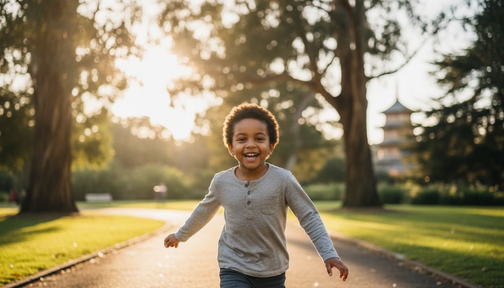 A vibrant, professionally colour-graded photograph capturing an epic moment of genuine joy during a candid kids photography session in Box Hill, showing a child laughing while playing outdoors in natural light.