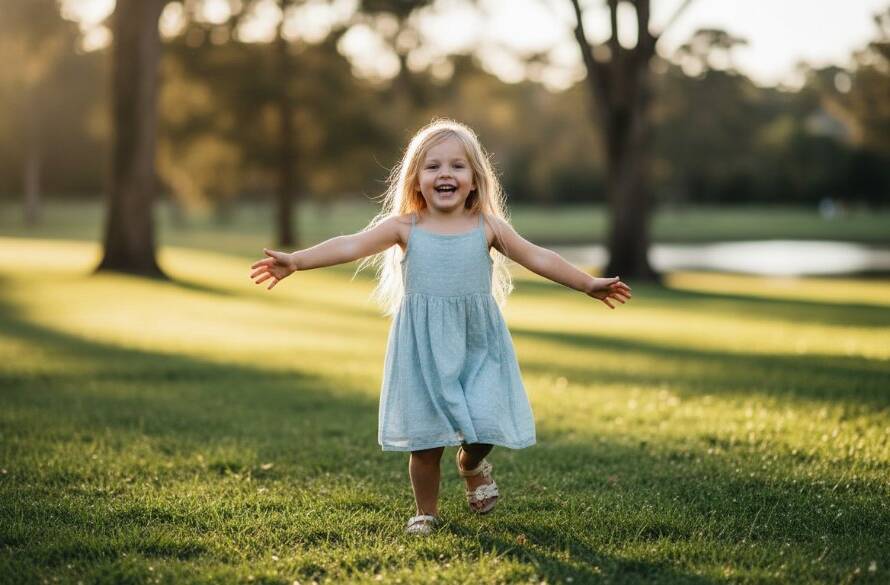 An epic, sun-kissed moment of a child running joyfully through lush green grass at Box Hill Gardens, captured with Candid Kids Photography Box Hill Gardens, featuring dramatic backlighting and a sense of wonder.