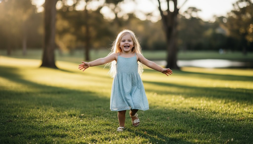 An epic, sun-kissed moment of a child running joyfully through lush green grass at Box Hill Gardens, captured with Candid Kids Photography Box Hill Gardens, featuring dramatic backlighting and a sense of wonder.