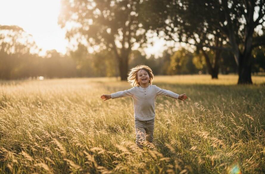An epic moment captured in Burnside, Victoria, showcasing a child joyfully running through a sun-dappled field during a candid kids photography Burnside outdoor adventures session. The image features dramatic golden hour lighting, professional colour grading, and a dynamic, emotionally resonant composition of pure childhood exuberance.