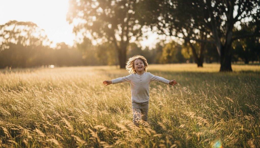 An epic moment captured in Burnside, Victoria, showcasing a child joyfully running through a sun-dappled field during a candid kids photography Burnside outdoor adventures session. The image features dramatic golden hour lighting, professional colour grading, and a dynamic, emotionally resonant composition of pure childhood exuberance.