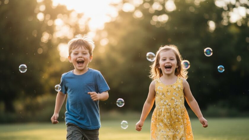 An epic moment captured in candid kids photography Canadian Victoria natural light portraits, featuring two children laughing joyfully amidst the golden hour glow in a lush Australian park, their expressions full of uninhibited delight, professionally colour-graded.