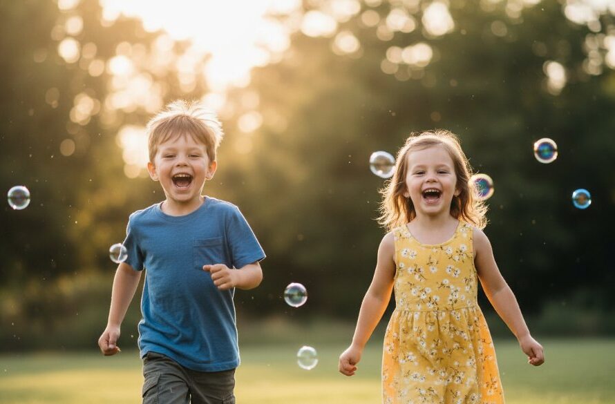 An epic moment captured in candid kids photography Canadian Victoria natural light portraits, featuring two children laughing joyfully amidst the golden hour glow in a lush Australian park, their expressions full of uninhibited delight, professionally colour-graded.
