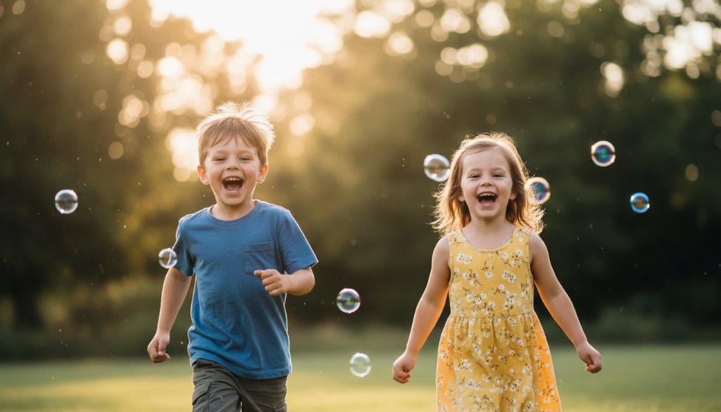 An epic moment captured in candid kids photography Canadian Victoria natural light portraits, featuring two children laughing joyfully amidst the golden hour glow in a lush Australian park, their expressions full of uninhibited delight, professionally colour-graded.