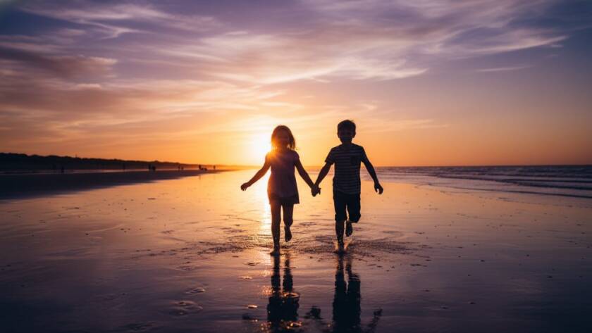 An epic moment of genuine joy captured during candid kids photography Carrum beach sunsets, showing two children laughing and running on the sandy shore with golden light reflecting on the water at dusk, a professional, color-graded photograph.