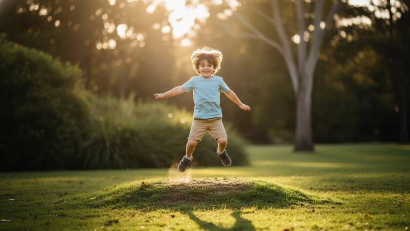 A candid kids photography Chadstone vibrant family memories moment, capturing a child's ecstatic laughter as they run through golden afternoon light in a lush Chadstone park, professionally photographed with dramatic backlighting and rich, warm colours.