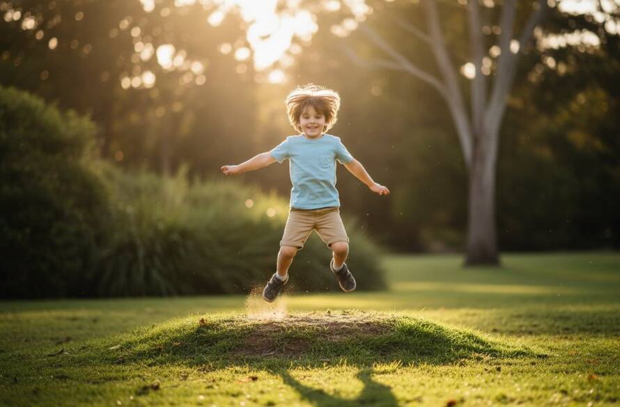 A candid kids photography Chadstone vibrant family memories moment, capturing a child's ecstatic laughter as they run through golden afternoon light in a lush Chadstone park, professionally photographed with dramatic backlighting and rich, warm colours.