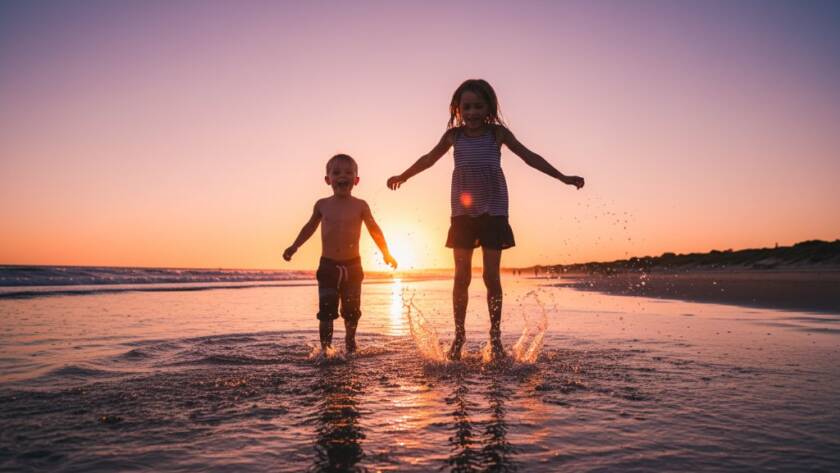An epic moment of pure joy captured through Candid Kids Photography Chelsea Beach Victoria, showing two children laughing and splashing in the golden hour waves at Chelsea Beach, silhouetted against a vibrant sunset with water glistening around them, radiating warmth and happiness.