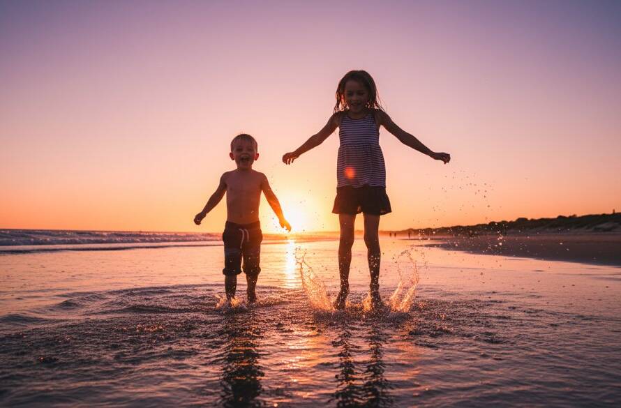 An epic moment of pure joy captured through Candid Kids Photography Chelsea Beach Victoria, showing two children laughing and splashing in the golden hour waves at Chelsea Beach, silhouetted against a vibrant sunset with water glistening around them, radiating warmth and happiness.