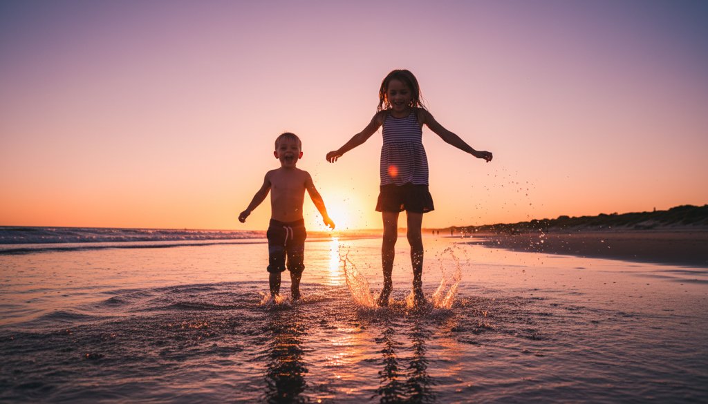 An epic moment of pure joy captured through Candid Kids Photography Chelsea Beach Victoria, showing two children laughing and splashing in the golden hour waves at Chelsea Beach, silhouetted against a vibrant sunset with water glistening around them, radiating warmth and happiness.