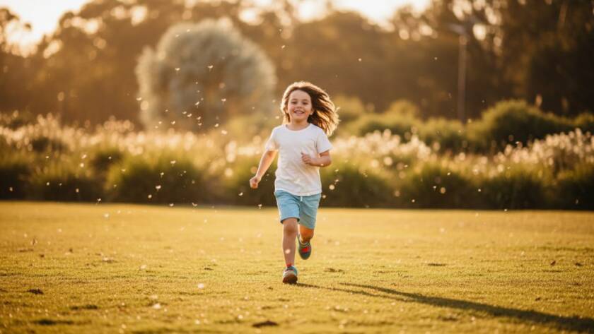 A vibrant, cinematic photograph of a child running through sun-drenched parklands in Cranbourne North, laughing joyfully, captured in an epic candid kids photography Cranbourne North moment with dramatic golden hour lighting and bokeh background.