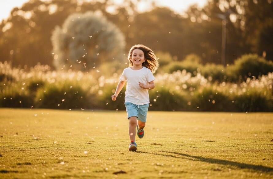 A vibrant, cinematic photograph of a child running through sun-drenched parklands in Cranbourne North, laughing joyfully, captured in an epic candid kids photography Cranbourne North moment with dramatic golden hour lighting and bokeh background.