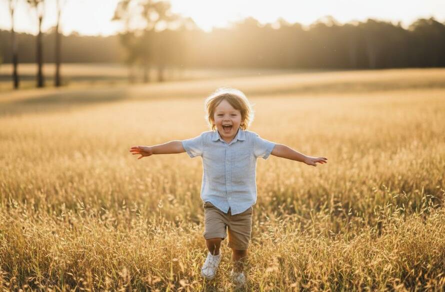 An epic moment captured during a candid kids photography Croydon North VIC session, featuring a child bursting with laughter while running through a sun-drenched field in Croydon North, golden light framing their joyful face, vibrant green and yellow hues in the background, conveying pure, unadulterated childhood happiness.