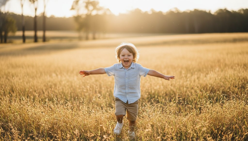 An epic moment captured during a candid kids photography Croydon North VIC session, featuring a child bursting with laughter while running through a sun-drenched field in Croydon North, golden light framing their joyful face, vibrant green and yellow hues in the background, conveying pure, unadulterated childhood happiness.