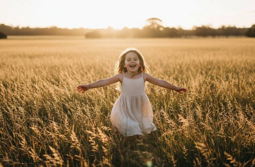 A vibrant, emotionally rich photograph capturing candid kids photography Deer Park family moments, showing a child laughing joyfully amidst the golden hour light in a Deer Park park, with parents smiling in the soft background, creating a timeless, epic memory.