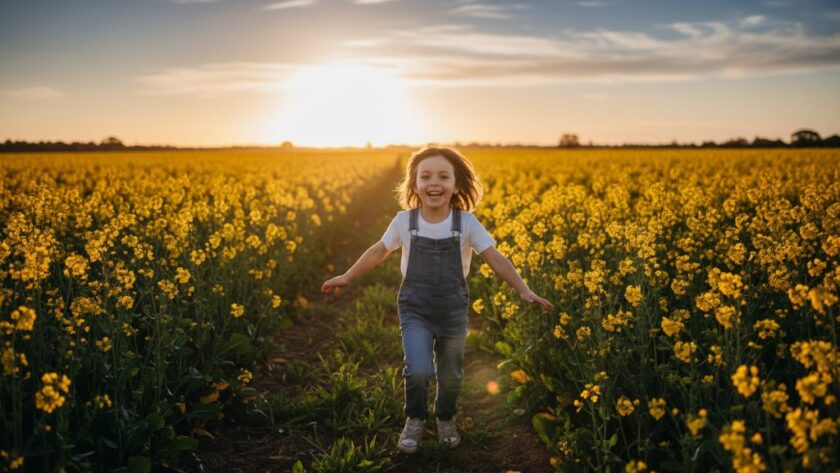 An energetic child laughing joyfully while running through a sun-drenched field near Dennington's Hopkins River, capturing a truly candid kids photography Dennington Victoria moment with golden hour light.