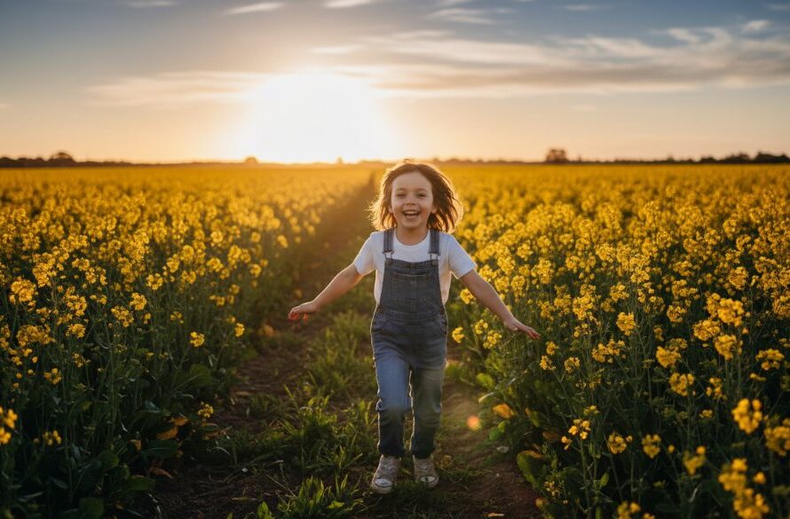 An energetic child laughing joyfully while running through a sun-drenched field near Dennington's Hopkins River, capturing a truly candid kids photography Dennington Victoria moment with golden hour light.