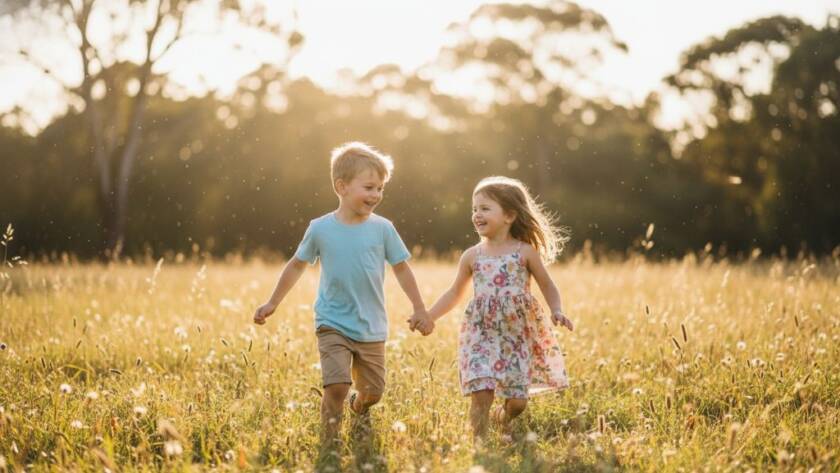 A professional, cinematic photograph capturing a heartwarming, candid moment of two children laughing joyously in a sun-drenched park in Dingley Village, Victoria, showcasing expert candid kids photography.