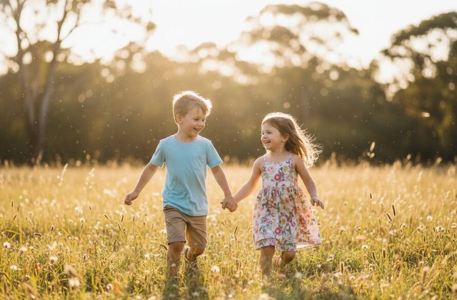 A professional, cinematic photograph capturing a heartwarming, candid moment of two children laughing joyously in a sun-drenched park in Dingley Village, Victoria, showcasing expert candid kids photography.