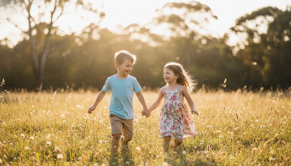 A professional, cinematic photograph capturing a heartwarming, candid moment of two children laughing joyously in a sun-drenched park in Dingley Village, Victoria, showcasing expert candid kids photography.