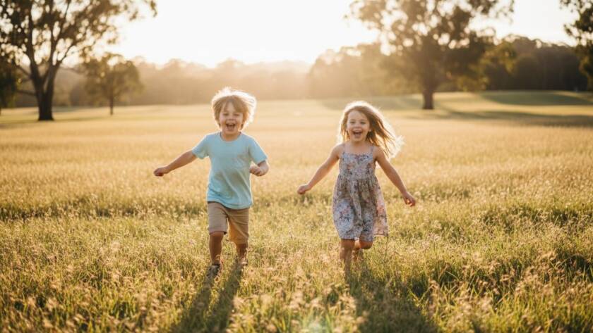 A vibrant, emotionally rich 'epic moment' photograph capturing candid kids photography in Doncaster, showing two joyful children laughing and running through a sun-dappled park, with iconic Doncaster gum trees in the background, professional colour grading, cinematic light.