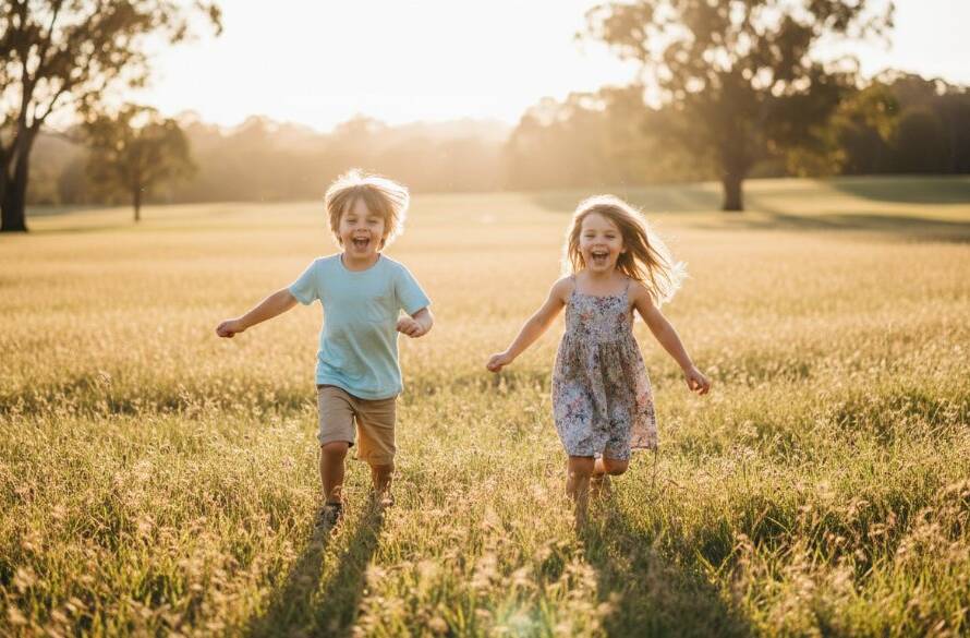 A vibrant, emotionally rich 'epic moment' photograph capturing candid kids photography in Doncaster, showing two joyful children laughing and running through a sun-dappled park, with iconic Doncaster gum trees in the background, professional colour grading, cinematic light.
