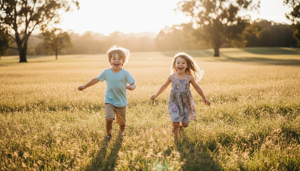 A vibrant, emotionally rich 'epic moment' photograph capturing candid kids photography in Doncaster, showing two joyful children laughing and running through a sun-dappled park, with iconic Doncaster gum trees in the background, professional colour grading, cinematic light.