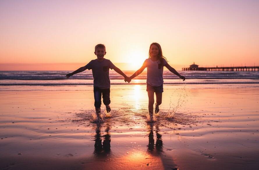A professional, cinematic photograph capturing the pure joy of candid kids photography Frankston Beach sunsets, featuring two children silhouetted against a vibrant orange and pink sky, laughing as they splash in the shallow waves at Frankston Beach, Victoria.