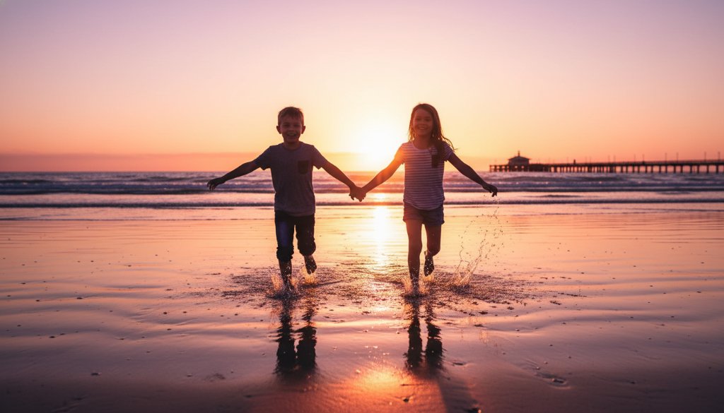 A professional, cinematic photograph capturing the pure joy of candid kids photography Frankston Beach sunsets, featuring two children silhouetted against a vibrant orange and pink sky, laughing as they splash in the shallow waves at Frankston Beach, Victoria.