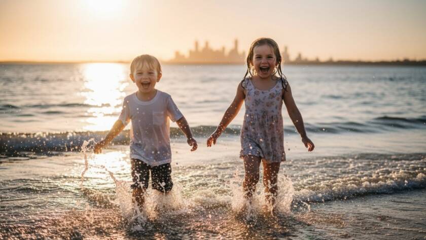 An epic moment captured through candid kids photography Frankston South outdoor adventures, featuring two children laughing joyfully as they run through the golden sand dunes near a sparkling ocean at sunset, with dramatic backlighting and professional colour grading.