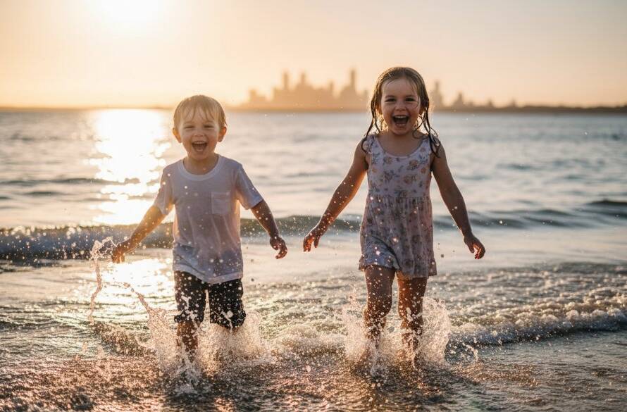 An epic moment captured through candid kids photography Frankston South outdoor adventures, featuring two children laughing joyfully as they run through the golden sand dunes near a sparkling ocean at sunset, with dramatic backlighting and professional colour grading.