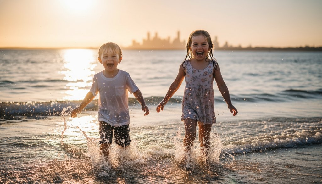 An epic moment captured through candid kids photography Frankston South outdoor adventures, featuring two children laughing joyfully as they run through the golden sand dunes near a sparkling ocean at sunset, with dramatic backlighting and professional colour grading.