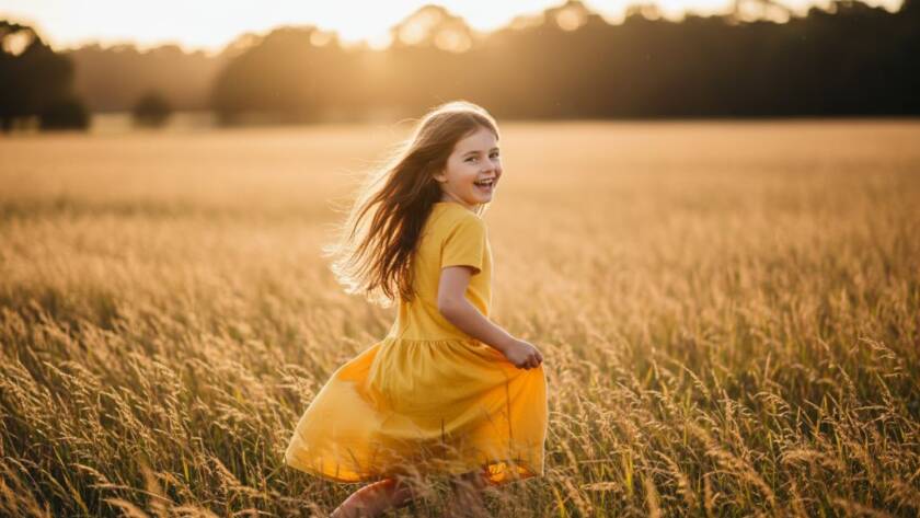 A professional, color-graded cinematic photograph showcasing the beauty of Candid Kids Photography Hallam Victoria, with a young child laughing genuinely while running through a sun-drenched park in Hallam, dappled light catching their hair, creating an unforgettable epic moment.