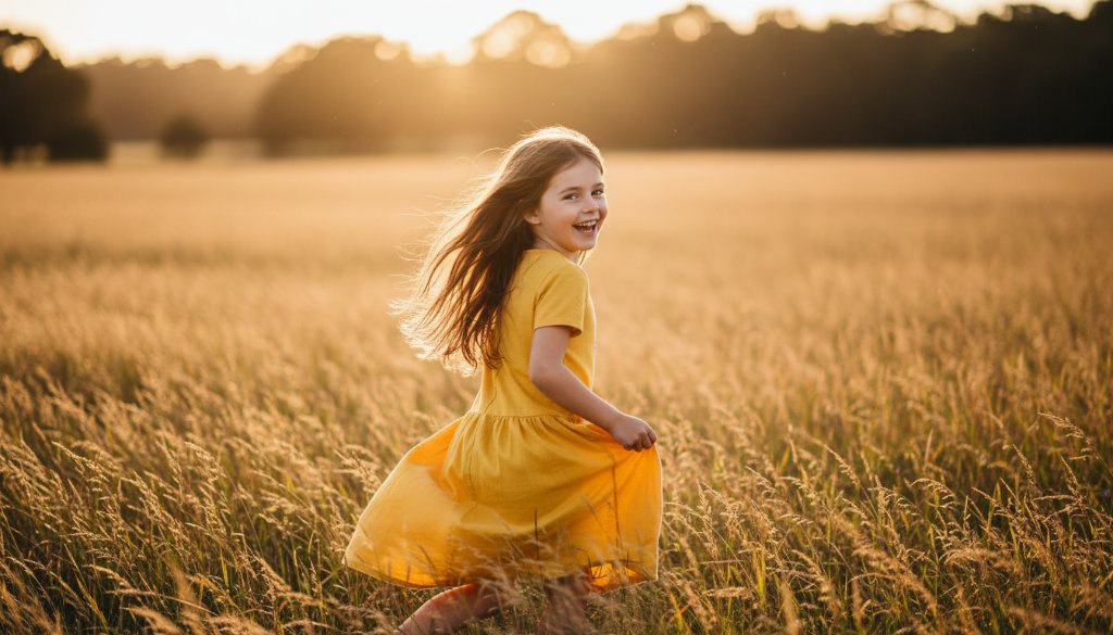A professional, color-graded cinematic photograph showcasing the beauty of Candid Kids Photography Hallam Victoria, with a young child laughing genuinely while running through a sun-drenched park in Hallam, dappled light catching their hair, creating an unforgettable epic moment.