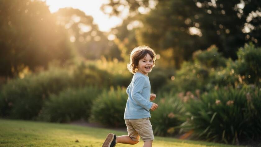 An adorable child, mid-laugh, playing in the sun-dappled greenery of a Heatherdale park, beautifully captured in candid kids photography Heatherdale Victoria, with warm, golden hour light highlighting their joyful expression.