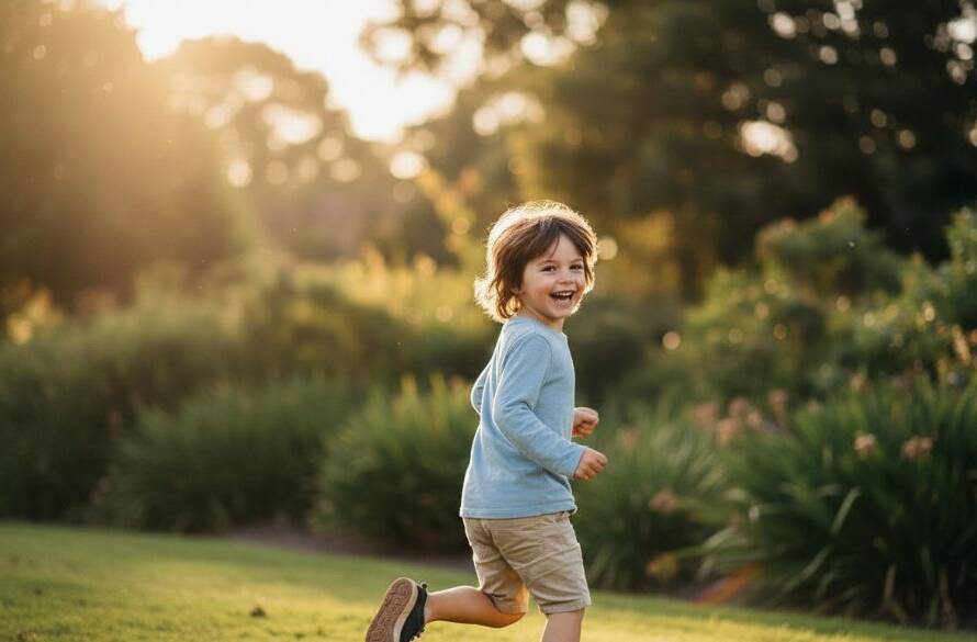 An adorable child, mid-laugh, playing in the sun-dappled greenery of a Heatherdale park, beautifully captured in candid kids photography Heatherdale Victoria, with warm, golden hour light highlighting their joyful expression.