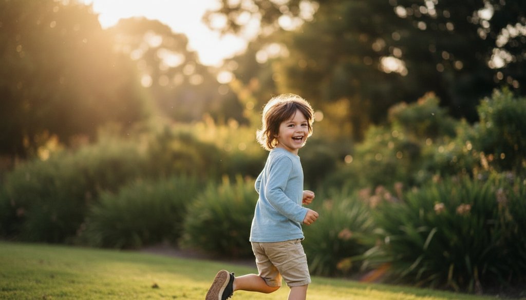 An adorable child, mid-laugh, playing in the sun-dappled greenery of a Heatherdale park, beautifully captured in candid kids photography Heatherdale Victoria, with warm, golden hour light highlighting their joyful expression.
