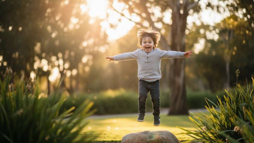 An epic moment of pure joy captured through candid kids photography Heatherdale Victoria, featuring a child laughing wholeheartedly as they play amongst the vibrant flowers of a local park at sunset, professionally color-graded.