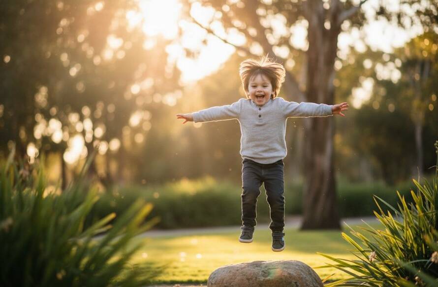 An epic moment of pure joy captured through candid kids photography Heatherdale Victoria, featuring a child laughing wholeheartedly as they play amongst the vibrant flowers of a local park at sunset, professionally color-graded.